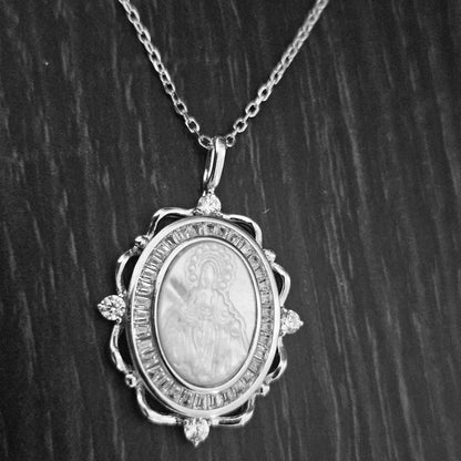 La Milagrosa Necklace Silver 925, Miraculous Virgin Pearl Engraved 16" L Rollo Link Chain