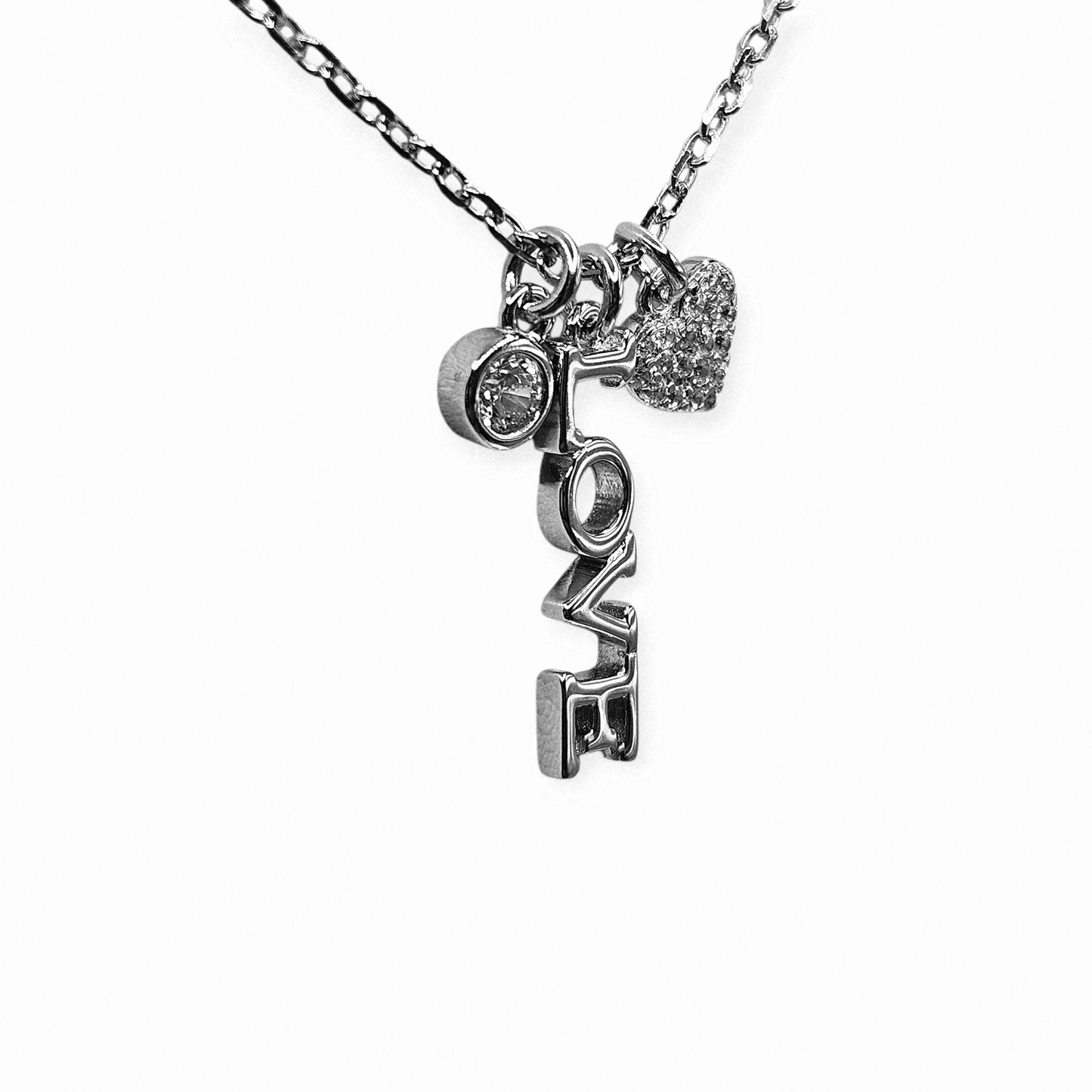 Love and Heart Charm Silver 925 Necklace 16" L Rollo Link Chain