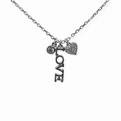 Love and Heart Charm Silver 925 Necklace 16" L Rollo Link Chain