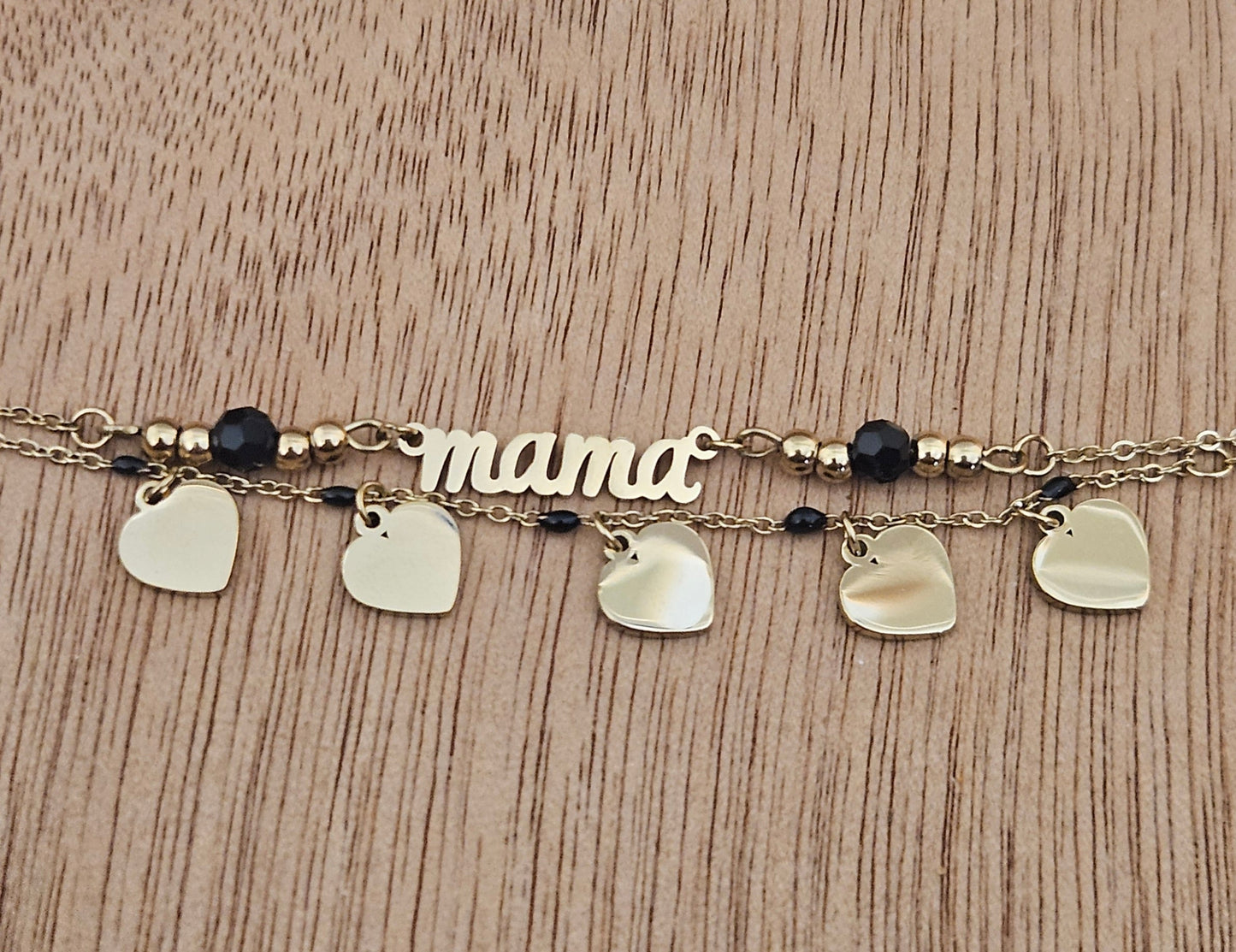 MAMA with Heart Charms Gold Plated Bracelet 7"Long, Laser Engraving on charms