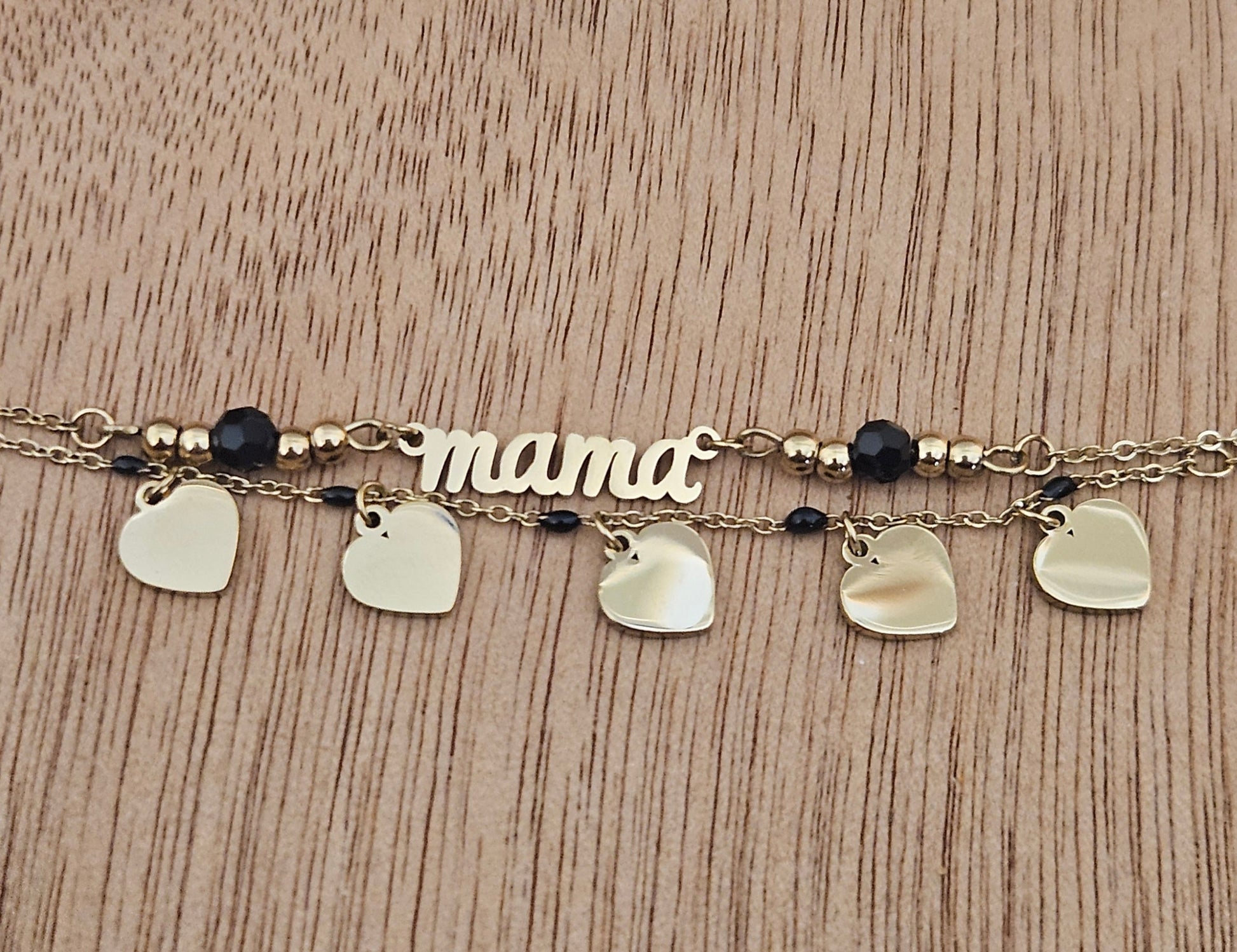 MAMA with Heart Charms Gold Plated Bracelet 7"Long, Laser Engraving on charms