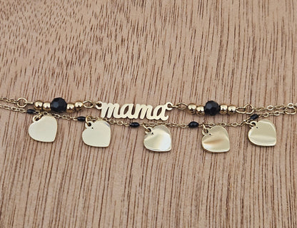 MAMA with Heart Charms Gold Plated Bracelet 7"Long, Laser Engraving on charms