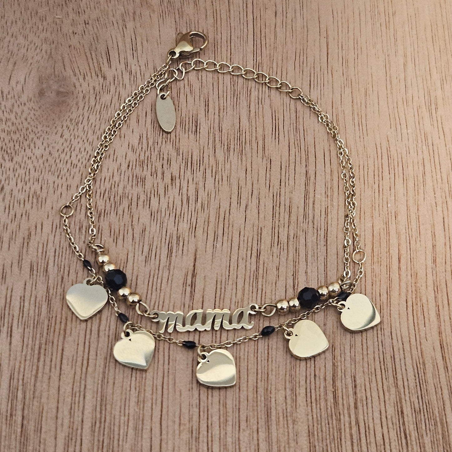 MAMA with Heart Charms Gold Plated Bracelet 7"Long, Laser Engraving on charms