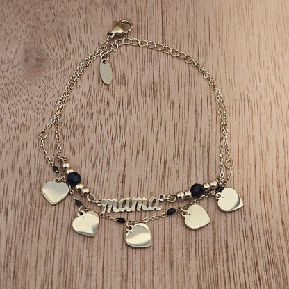 MAMA with Heart Charms Gold Plated Bracelet 7"Long, Laser Engraving on charms