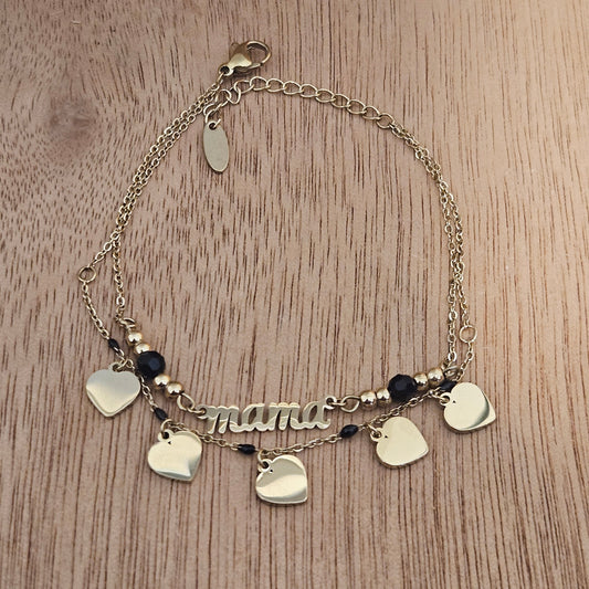 MAMA with Heart Charms Gold Plated Bracelet 7"Long, Laser Engraving on charms