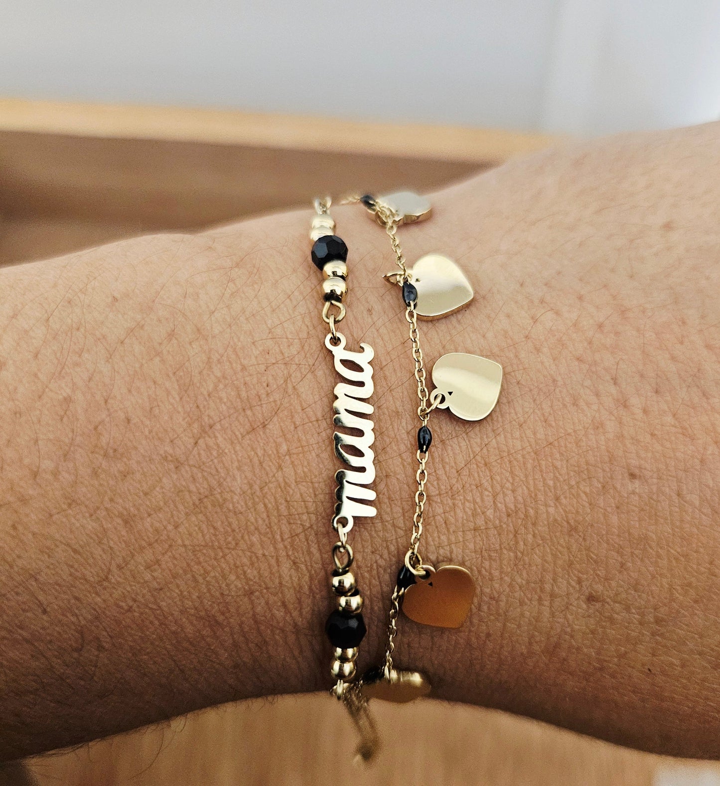 MAMA with Heart Charms Gold Plated Bracelet 7"Long, Laser Engraving on charms