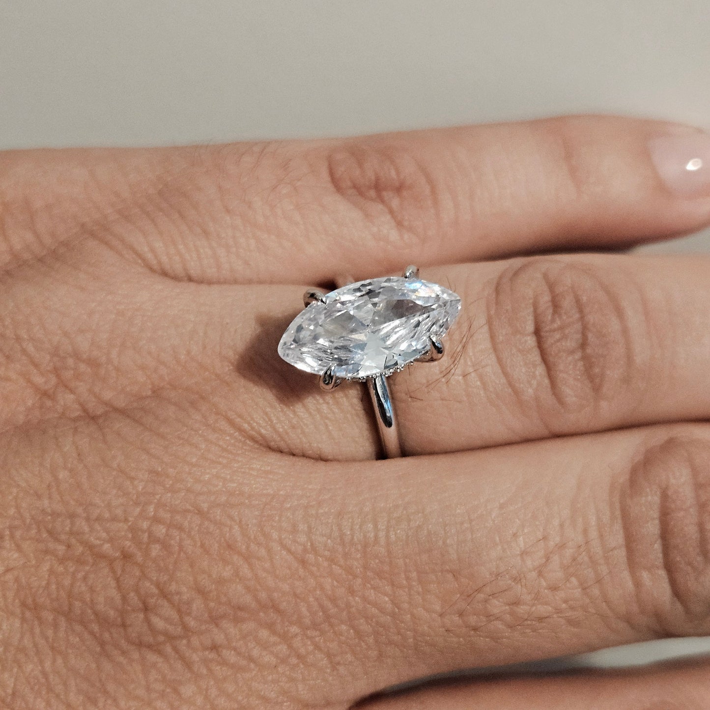 Marquise Cut Solitaire Silver Engagement Ring with Accent White Cubic Zirconia Stones - 2 Size