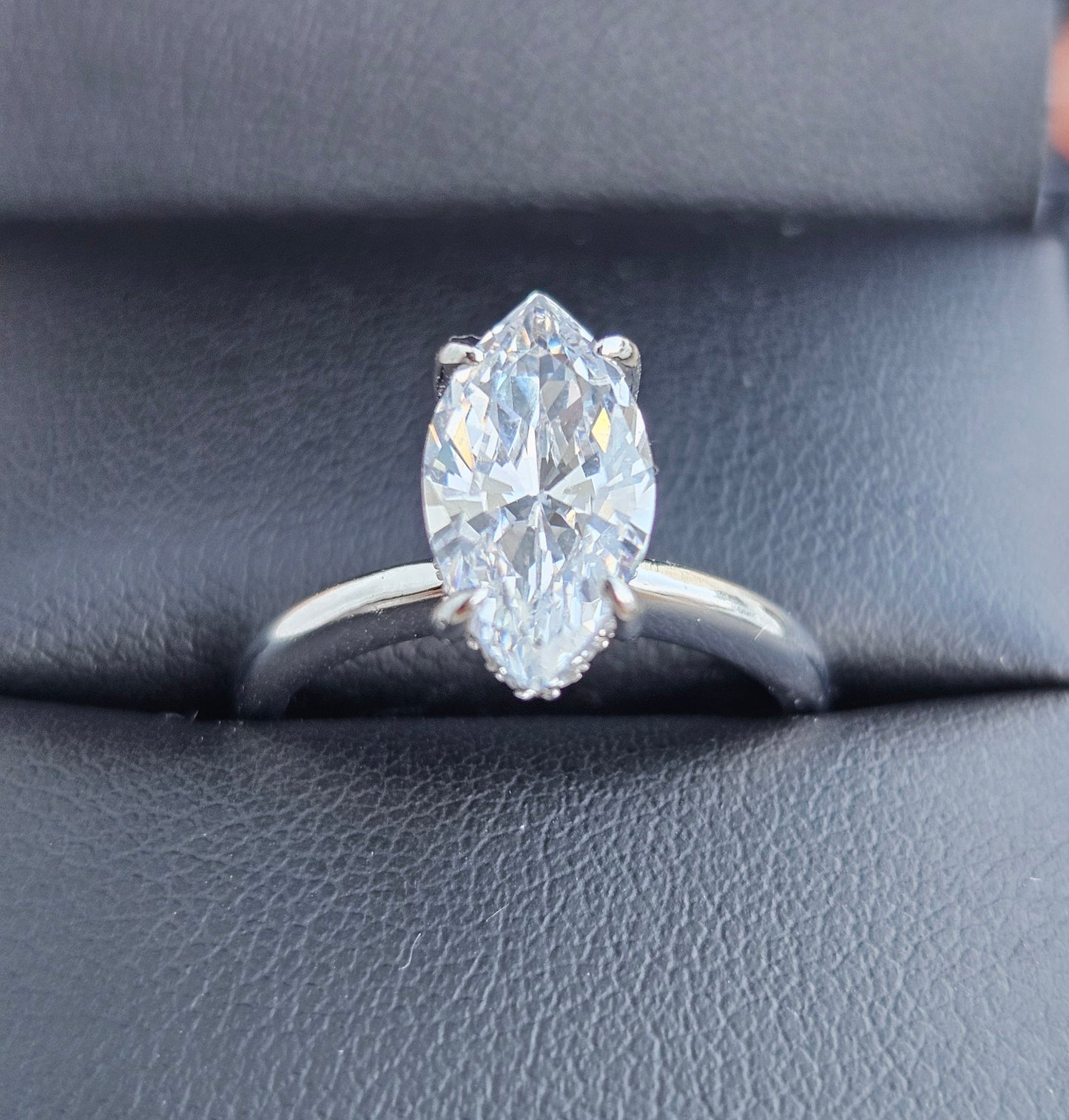 Marquise Cut Solitaire Silver Engagement Ring with Accent White Cubic Zirconia Stones - 2 Size