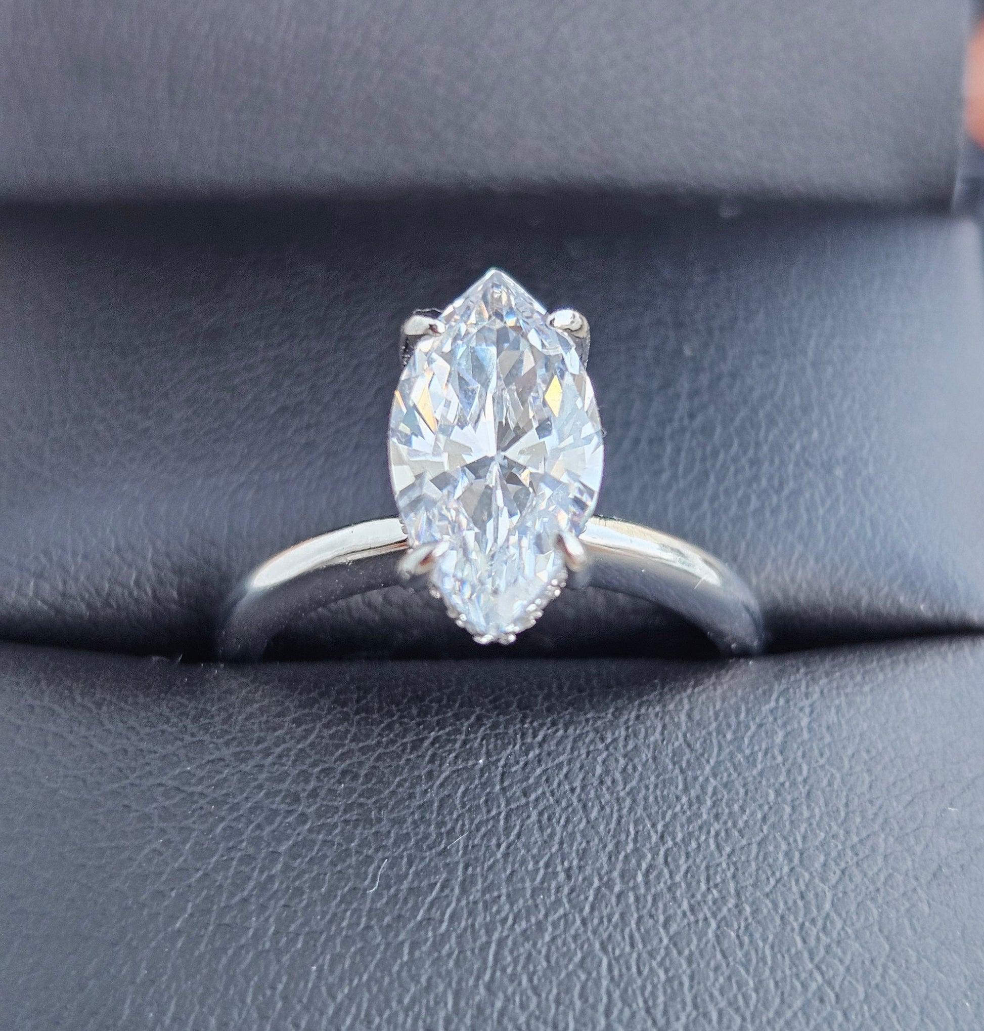 Marquise Cut Solitaire Silver Engagement Ring with Accent White Cubic Zirconia Stones - 2 Size