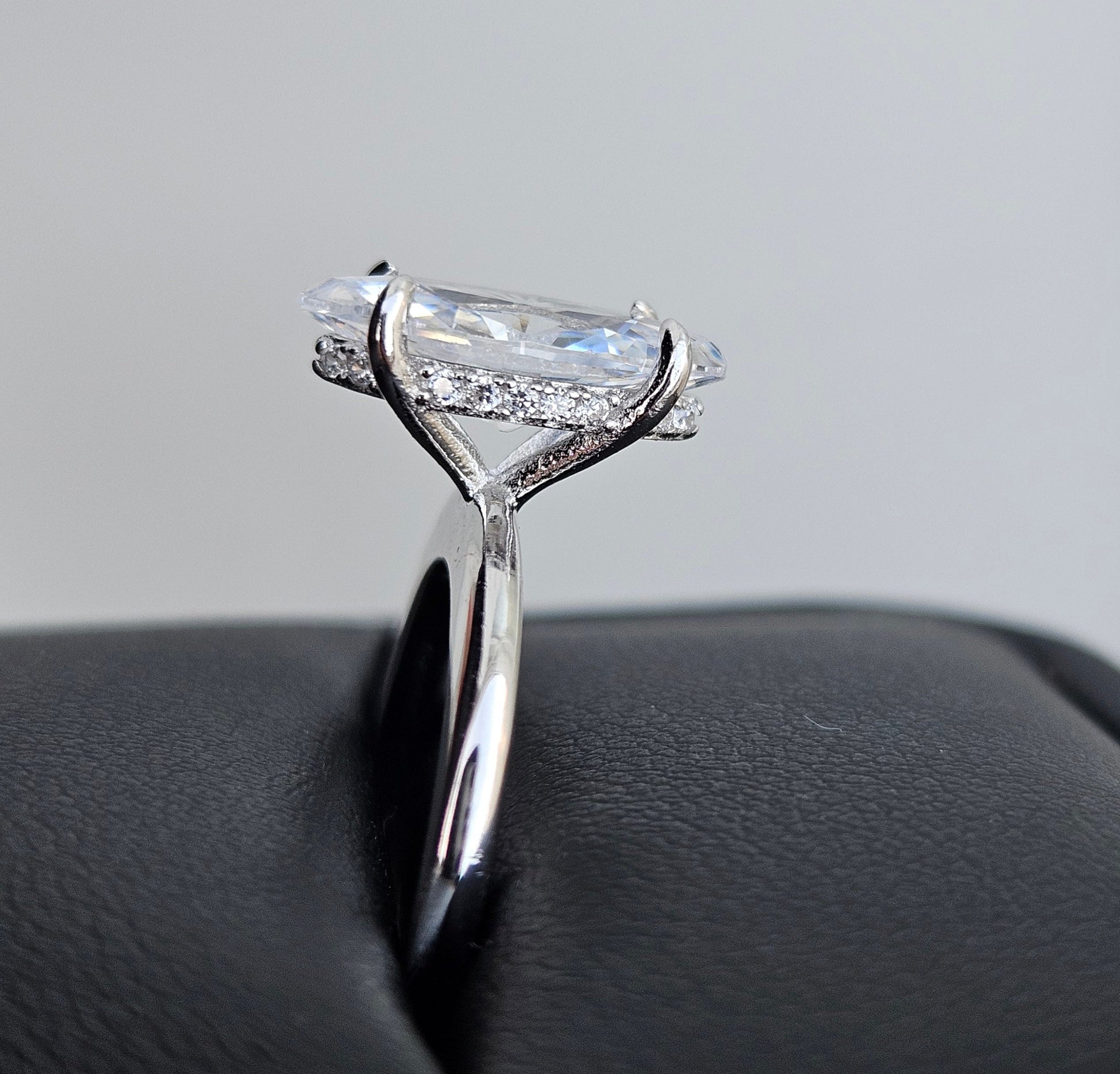 Marquise Cut Solitaire Silver Engagement Ring with Accent White Cubic Zirconia Stones - 2 Size
