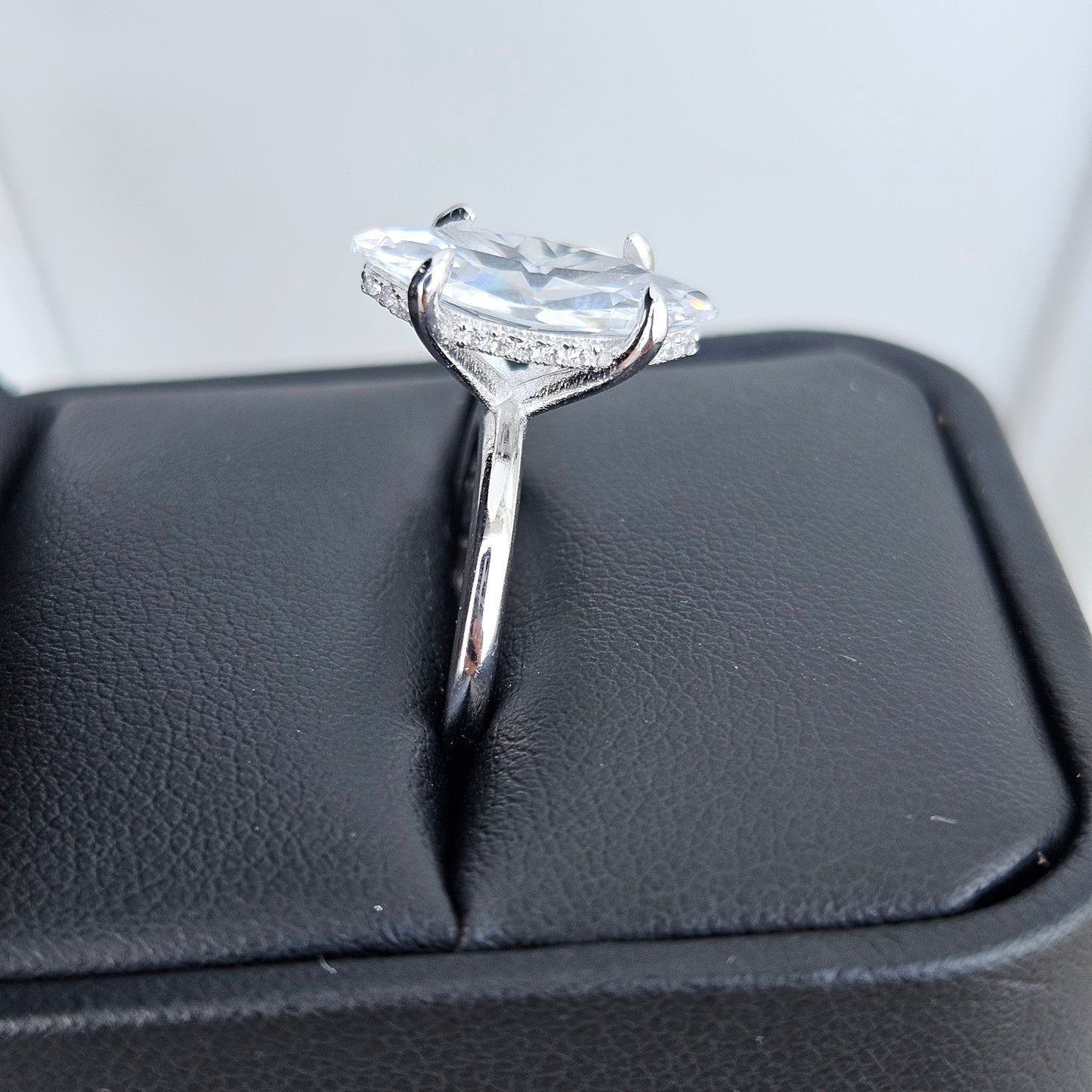 Marquise Cut Solitaire Silver Engagement Ring with Accent White Cubic Zirconia Stones - 2 Size