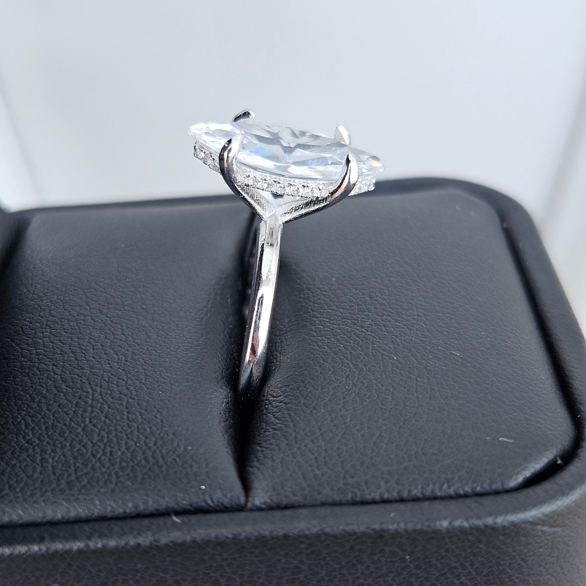 Marquise Cut Solitaire Silver Engagement Ring with Accent White Cubic Zirconia Stones - 2 Size
