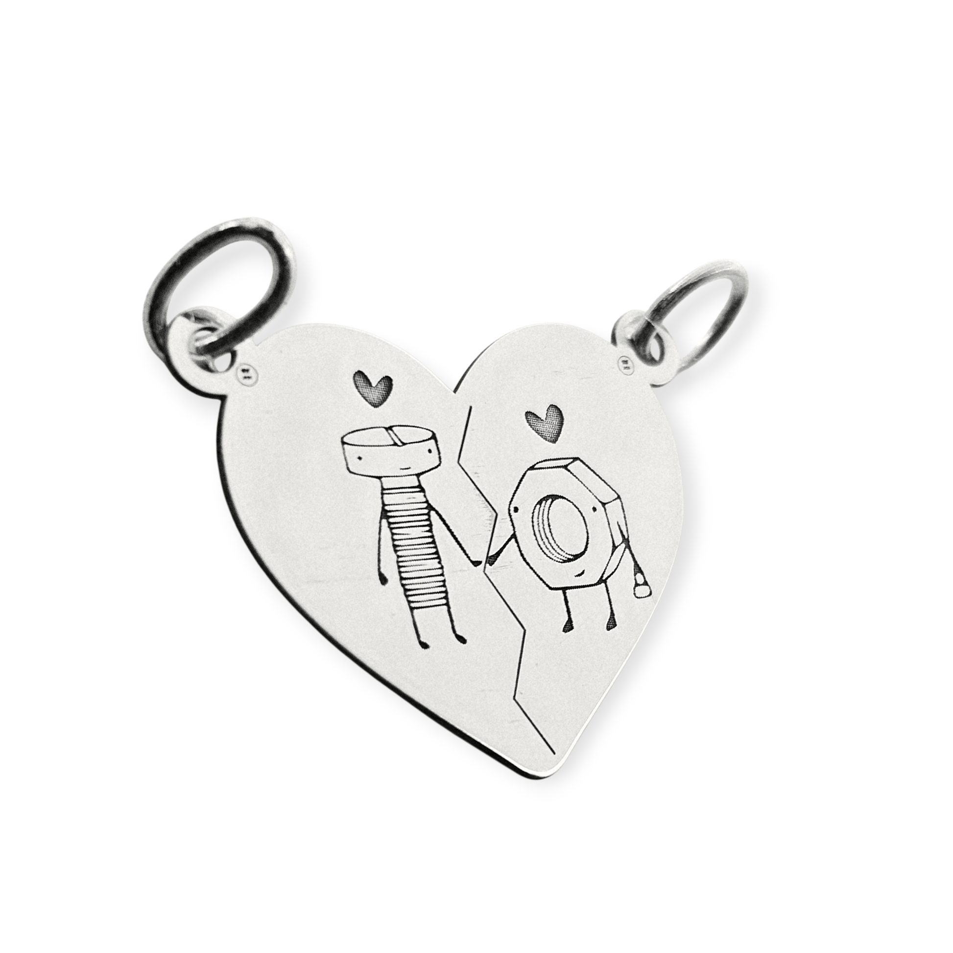 Nut and Bolt Silver Breakable Heart 2 Piece Couple's Pendant