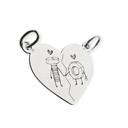 Nut and Bolt Silver Breakable Heart 2 Piece Couple's Pendant