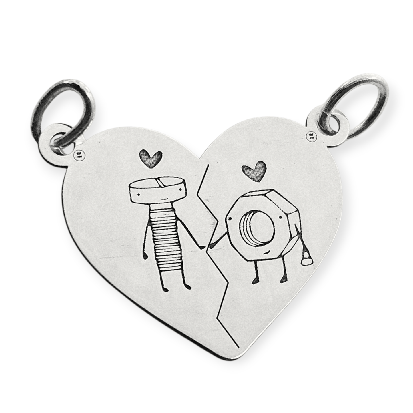 Nut and Bolt Silver Breakable Heart 2 Piece Couple's Pendant