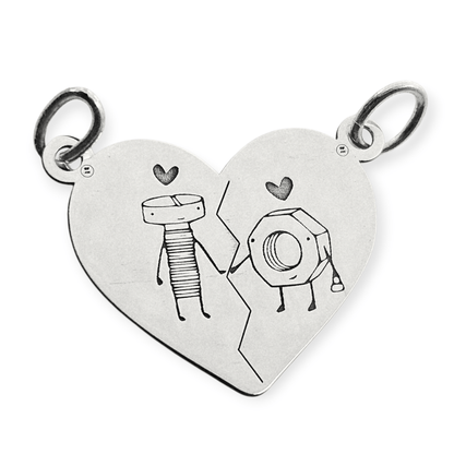 Nut and Bolt Silver Breakable Heart 2 Piece Couple's Pendant