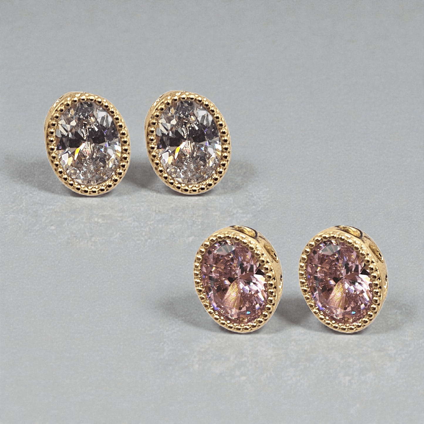 Oval Cubic Zirconia Shape 14k Gold Plated White or Pink Stud Earrings
