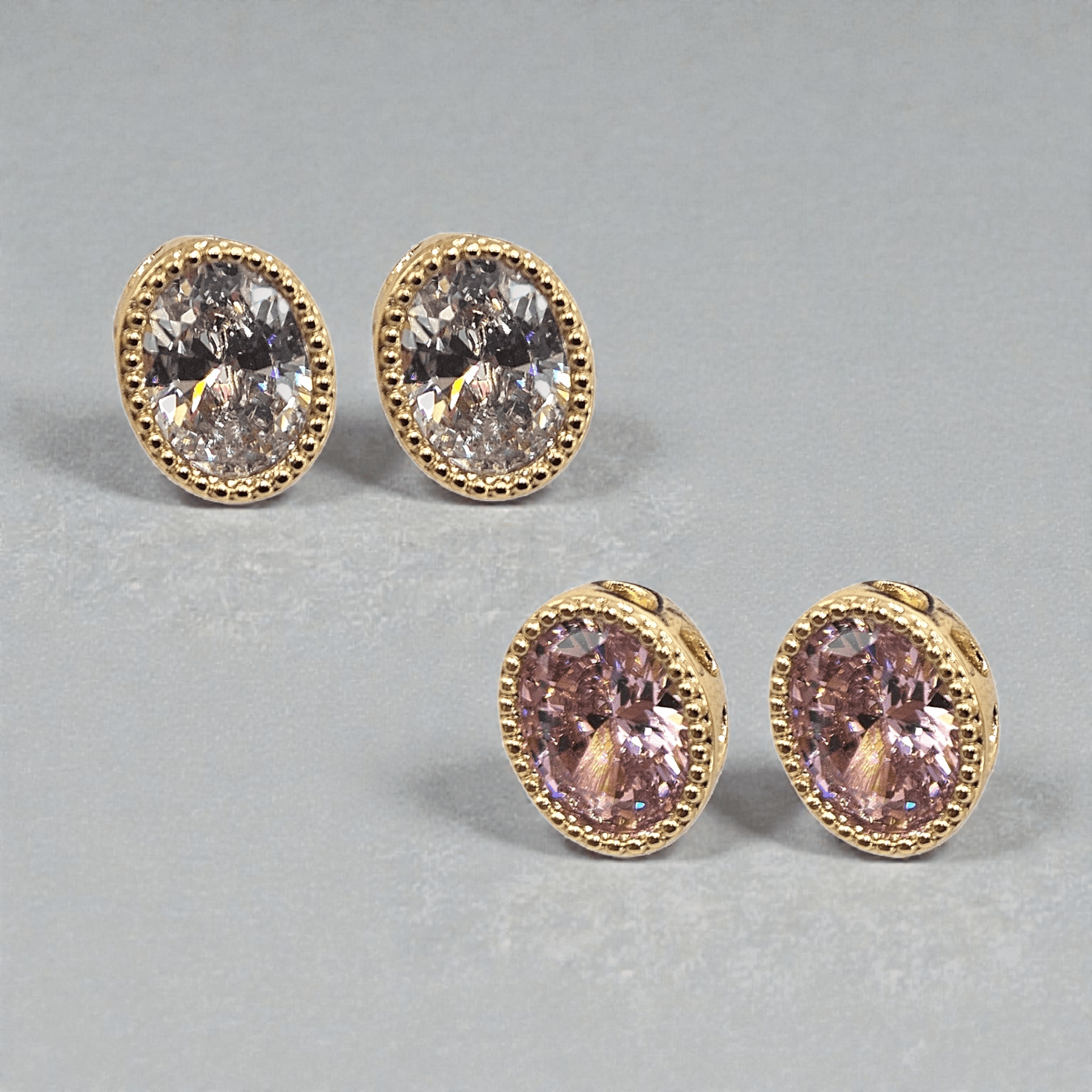 Oval Cubic Zirconia Shape 14k Gold Plated White or Pink Stud Earrings