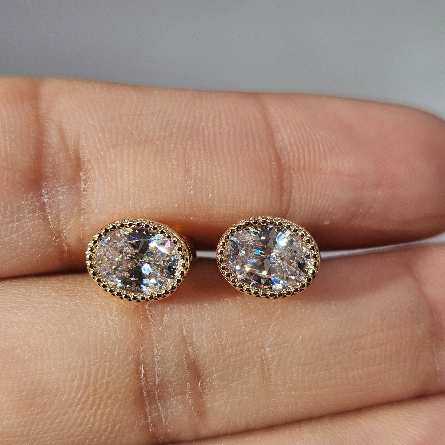 Oval Cubic Zirconia Shape 14k Gold Plated White or Pink Stud Earrings