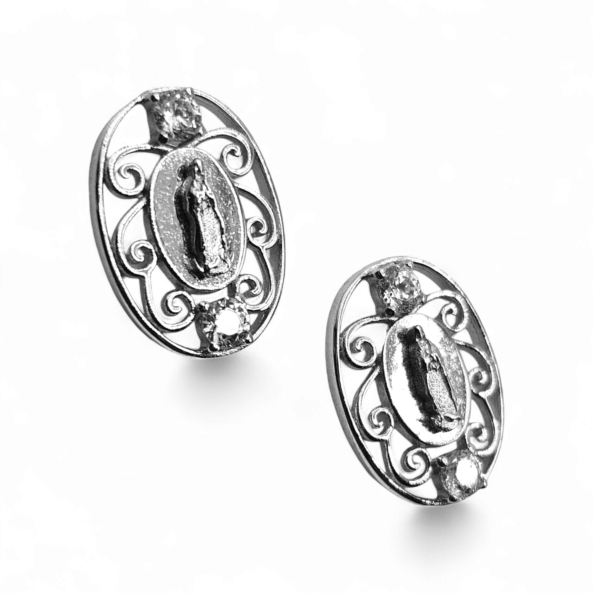 Oval Virgen Maria Silver 925 Stud Earrings for Women