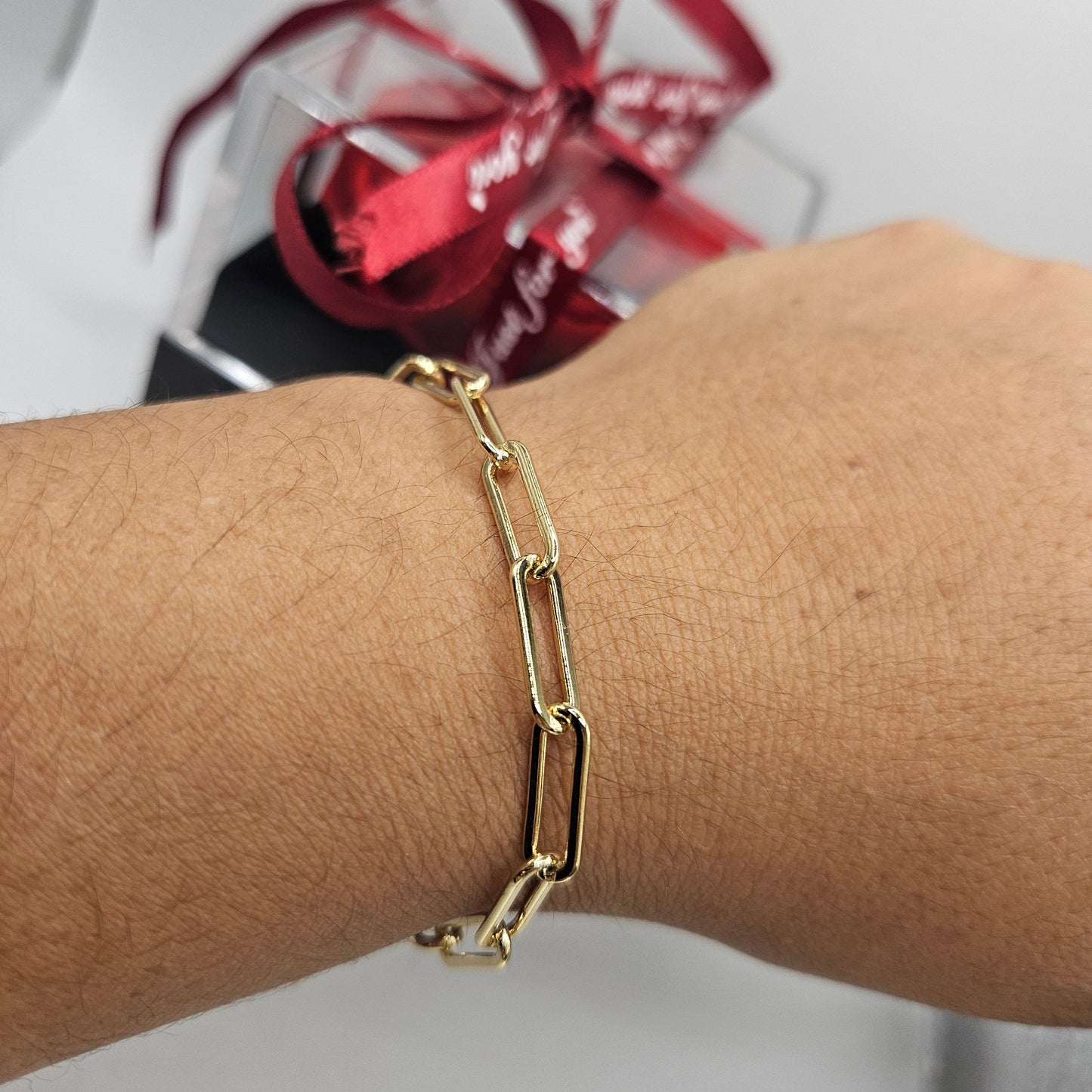 Paperclip 14k Gold Plated Bracelet for Women 7in Adjustable