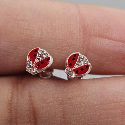 Red Lady Bug Stud Earrings for Girls 925 Silver