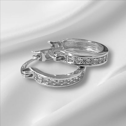 Flat Hoop Earrings Silver S925 14mm and 16mm with White Cubic Zirconia Stones