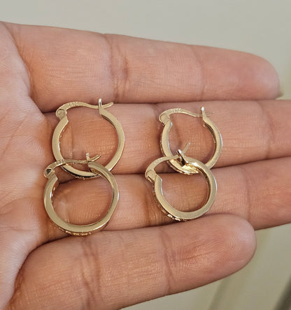 Flat Hoop Earrings 14K Gold Plated over Silver S925 14mm and 16mm with White Cubic Zirconia Stones
