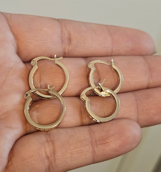 Flat Hoop Earrings 14K Gold Plated over Silver S925 14mm and 16mm with White Cubic Zirconia Stones