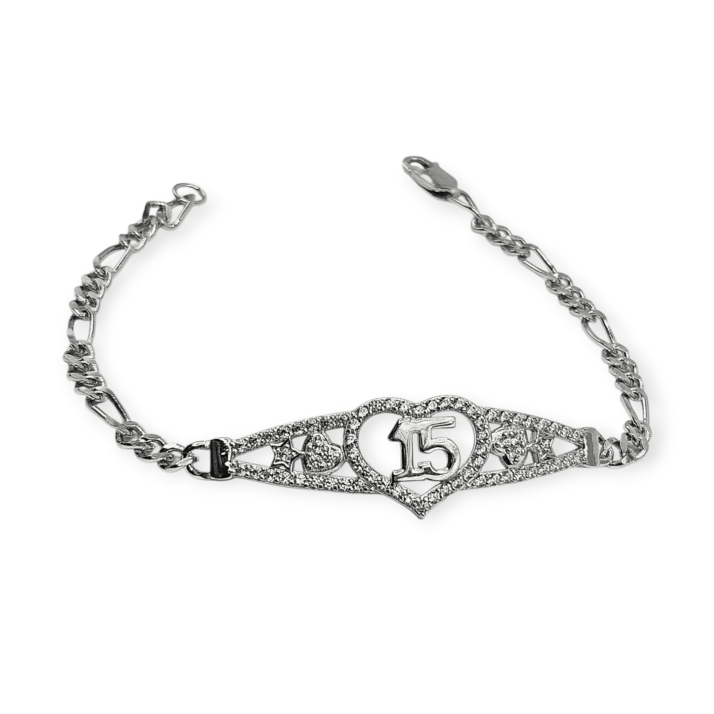 15th Birthday Silver Bracelet Figaro Chain Style Bracelet