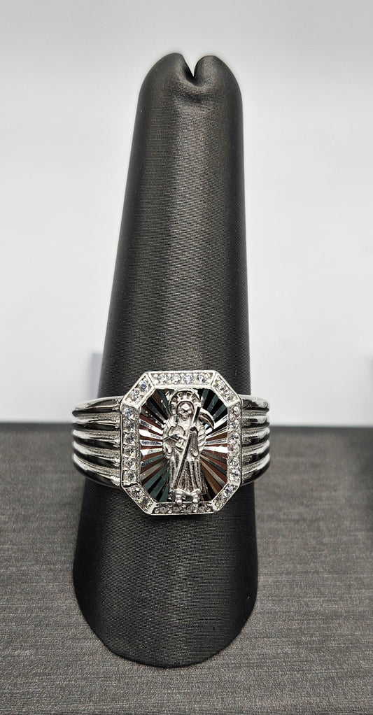Men Ring with Santa Muerte and White Cubic Zirconia