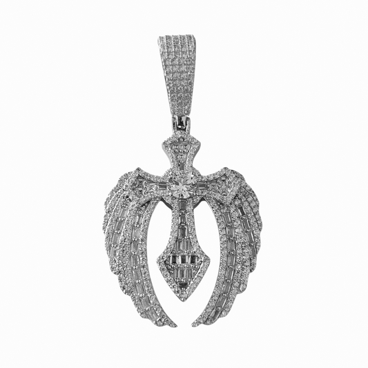 Cross with Angel Wings Pendant Silver S925 with White Cubic Zirconia Stones Large Fancy Bail