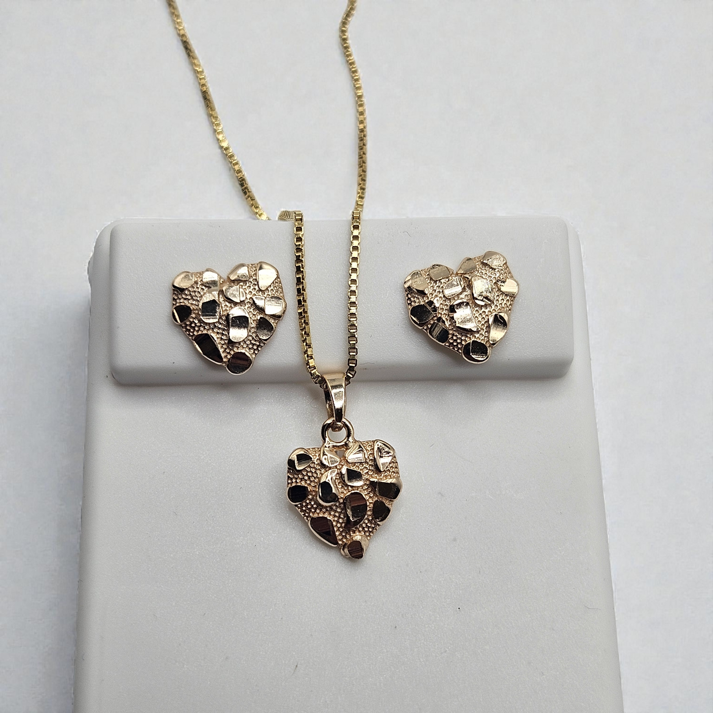 Heart Nugget Necklace and Earrings Silver with 14K Gold Plating Set 22" Box Chain