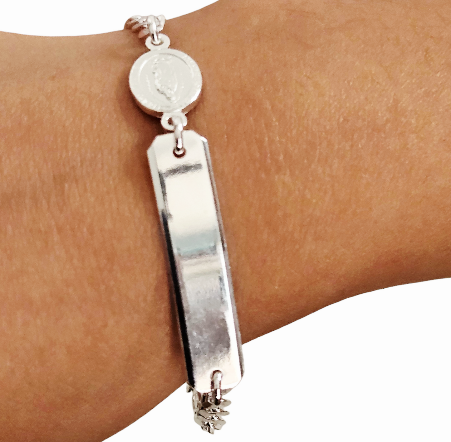 Kids ID Plate with Virgen Maria Silver Bracelet 6"L Silver 925, Figaro Unisex- Great for older Kids 6 to 10 years