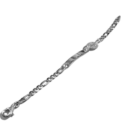 Kids ID Plate Bracelet with Saint Benedict 6"L Silver 925, Figaro Unisex- Great for older Kids 6 to 10 years