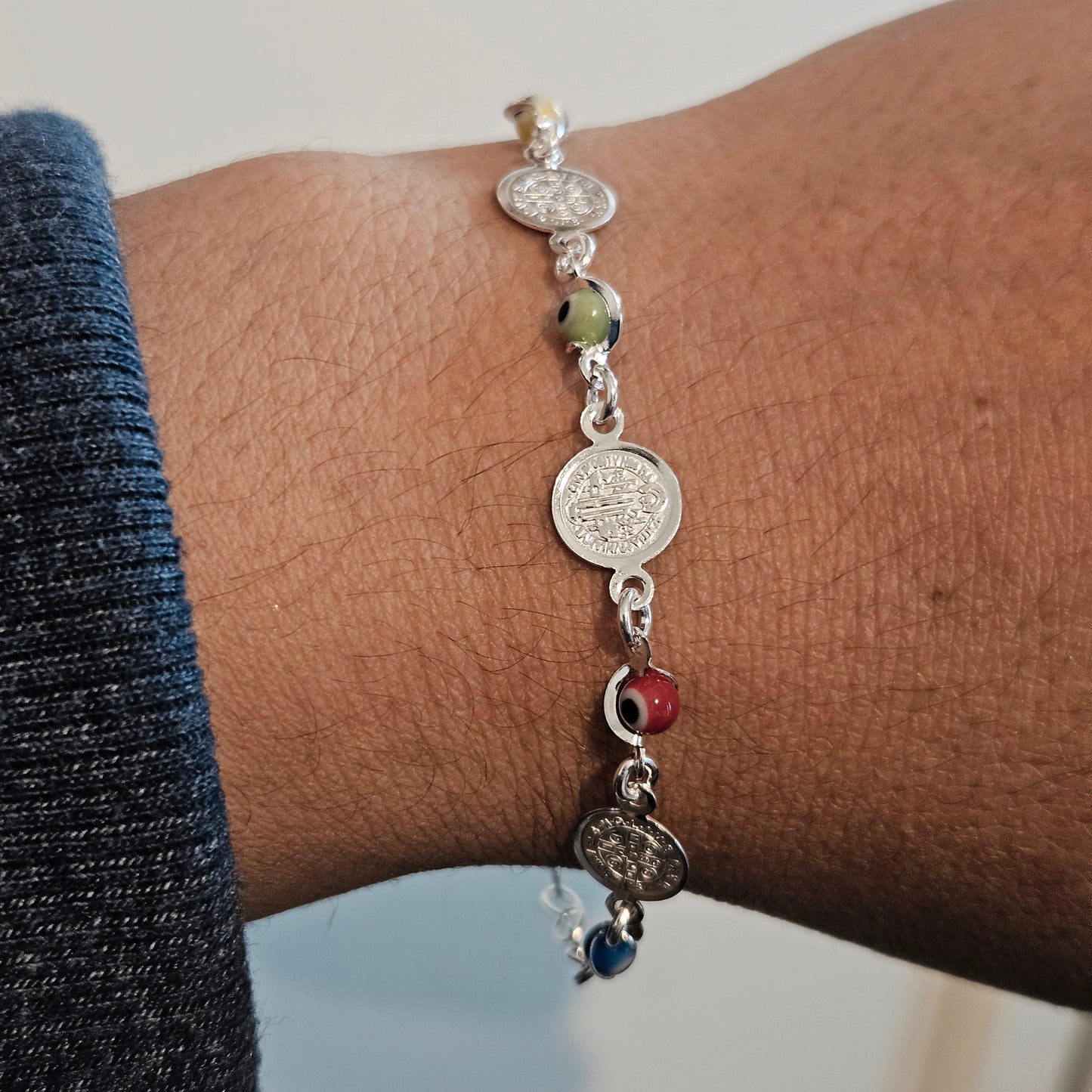 Multicolor Evil Eye Bracelet with San Benedict Charms Silver 925 Bracelet