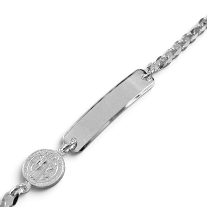 Kids ID Plate Bracelet with Saint Benedict 6"L Silver 925, Figaro Unisex- Great for older Kids 6 to 10 years