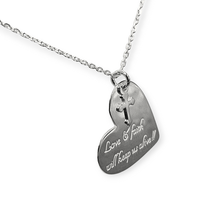 Hearth Necklace with Love & Faith Engraving Silver 925, 16" L Rollo Link Chain