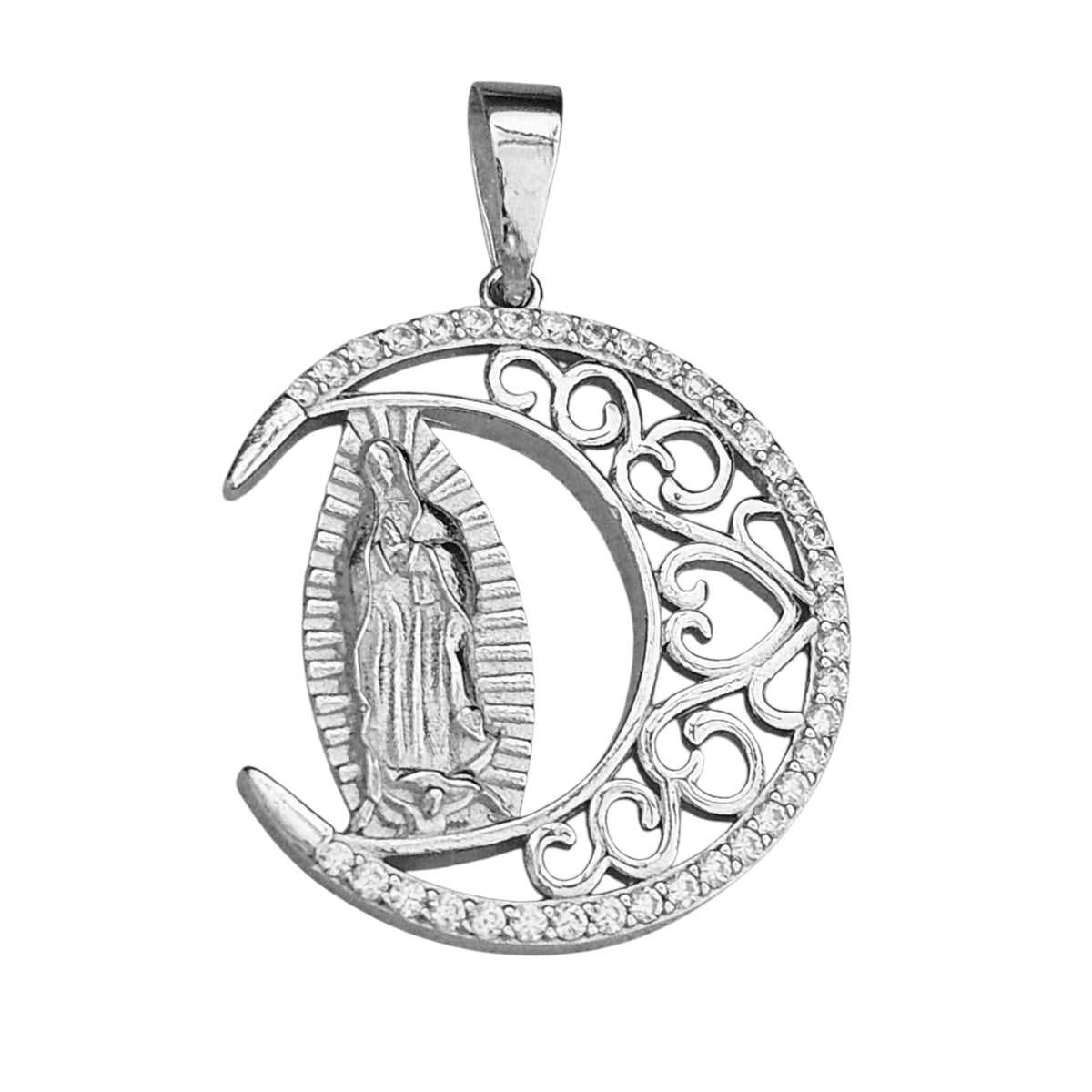 Crescent Moon with Virgin Mary Pendant Silver or Silver with 14K Gold Plating