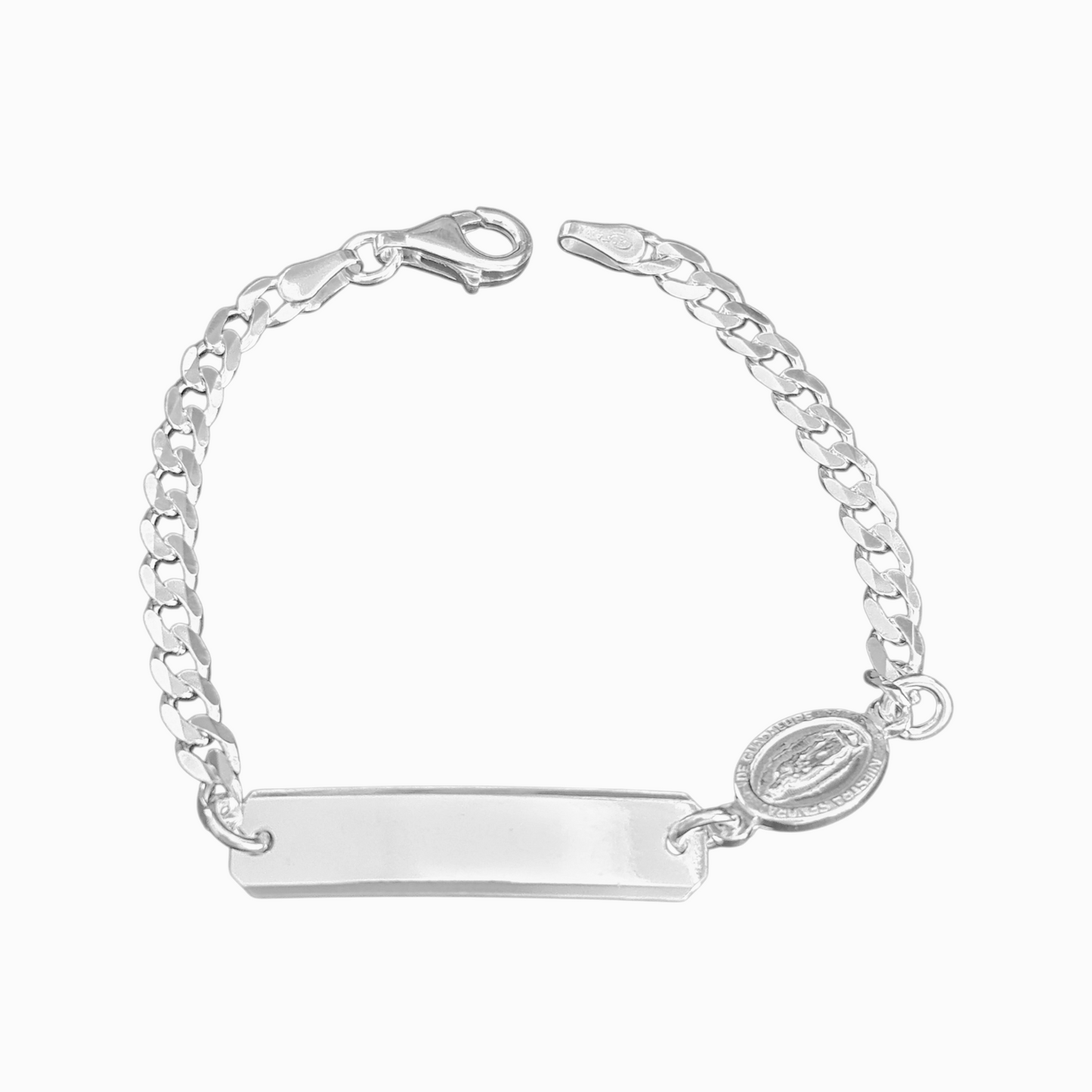 Cuban Kids ID Plate with Virgen Maria Silver 925 Bracelet 6"L Silver 925, Unisex- Great for older Kids 6 to 10 years