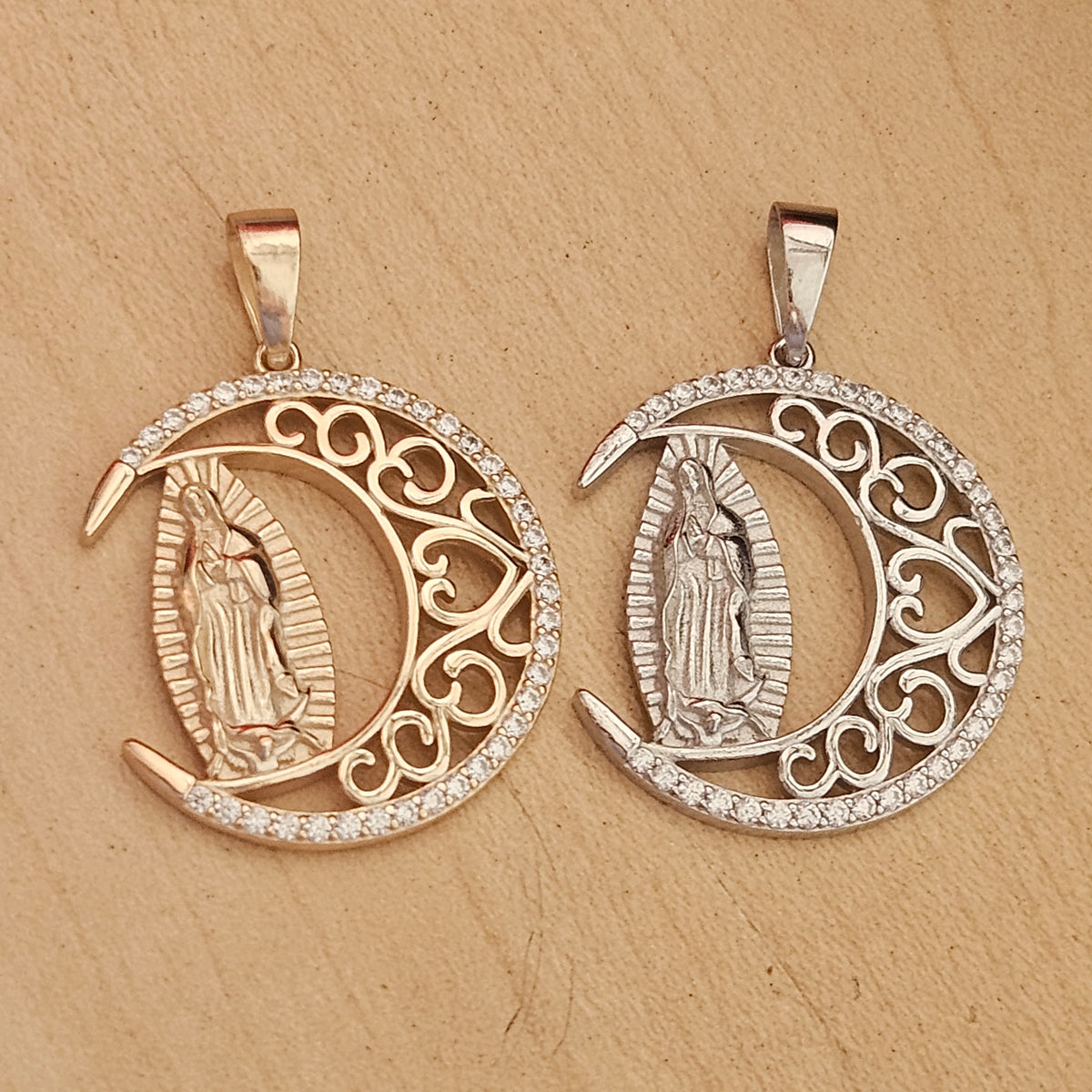 Crescent Moon with Virgin Mary Pendant Silver or Silver with 14K Gold Plating