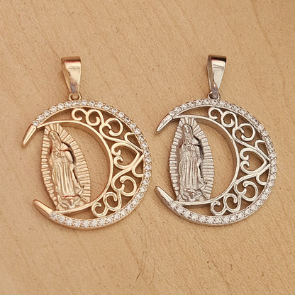 Crescent Moon with Virgin Mary Pendant Silver or Silver with 14K Gold Plating