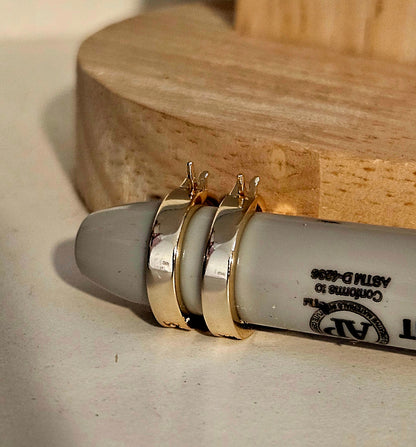 Flat Hoop Earrings 14K Gold Plated over Silver S925 14mm and 16mm with White Cubic Zirconia Stones