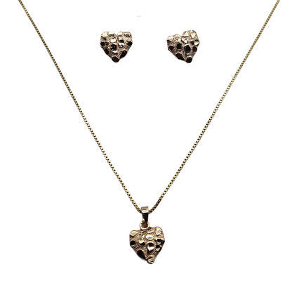 Heart Nugget Necklace and Earrings Silver with 14K Gold Plating Set 22" Box Chain