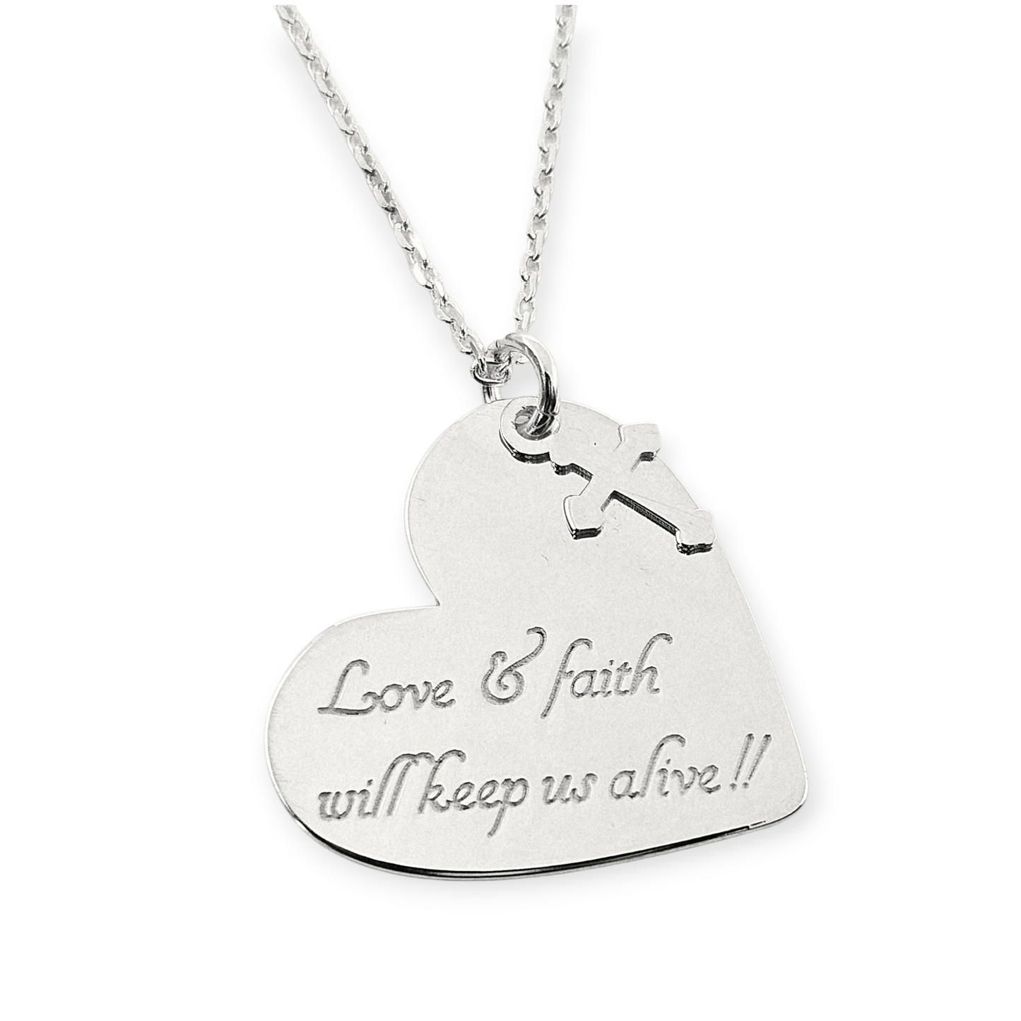 Hearth Necklace with Love & Faith Engraving Silver 925, 16" L Rollo Link Chain