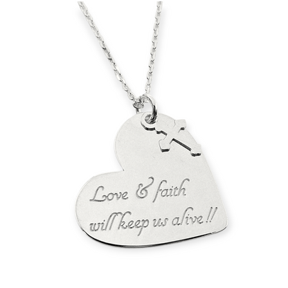 Hearth Necklace with Love & Faith Engraving Silver 925, 16" L Rollo Link Chain