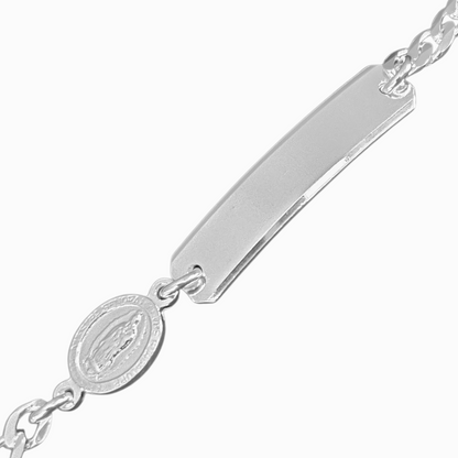 Kids ID Plate with Virgen Maria Silver Bracelet 6"L Silver 925, Figaro Unisex- Great for older Kids 6 to 10 years