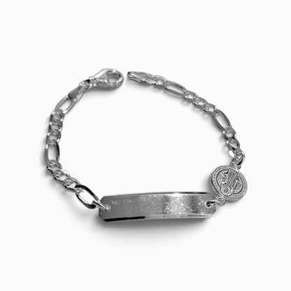 Kids ID Plate Bracelet with Saint Benedict 6"L Silver 925, Figaro Unisex- Great for older Kids 6 to 10 years