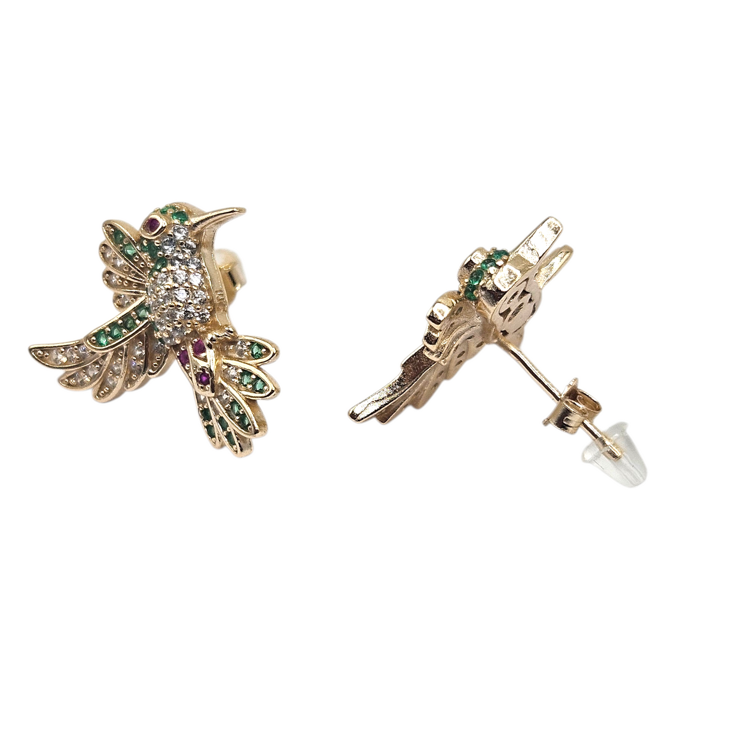 Hummingbird Stud Earrings 14K Gold Plated over Silver 925 Colorful Cubic Zirconia for Women