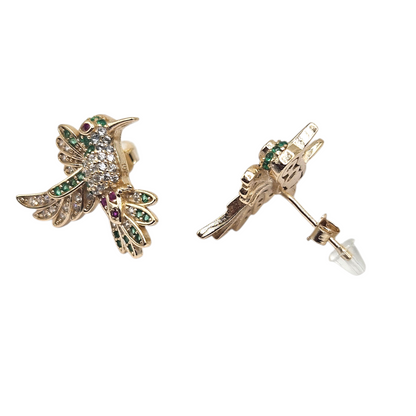 Hummingbird Stud Earrings 14K Gold Plated over Silver 925 Colorful Cubic Zirconia for Women